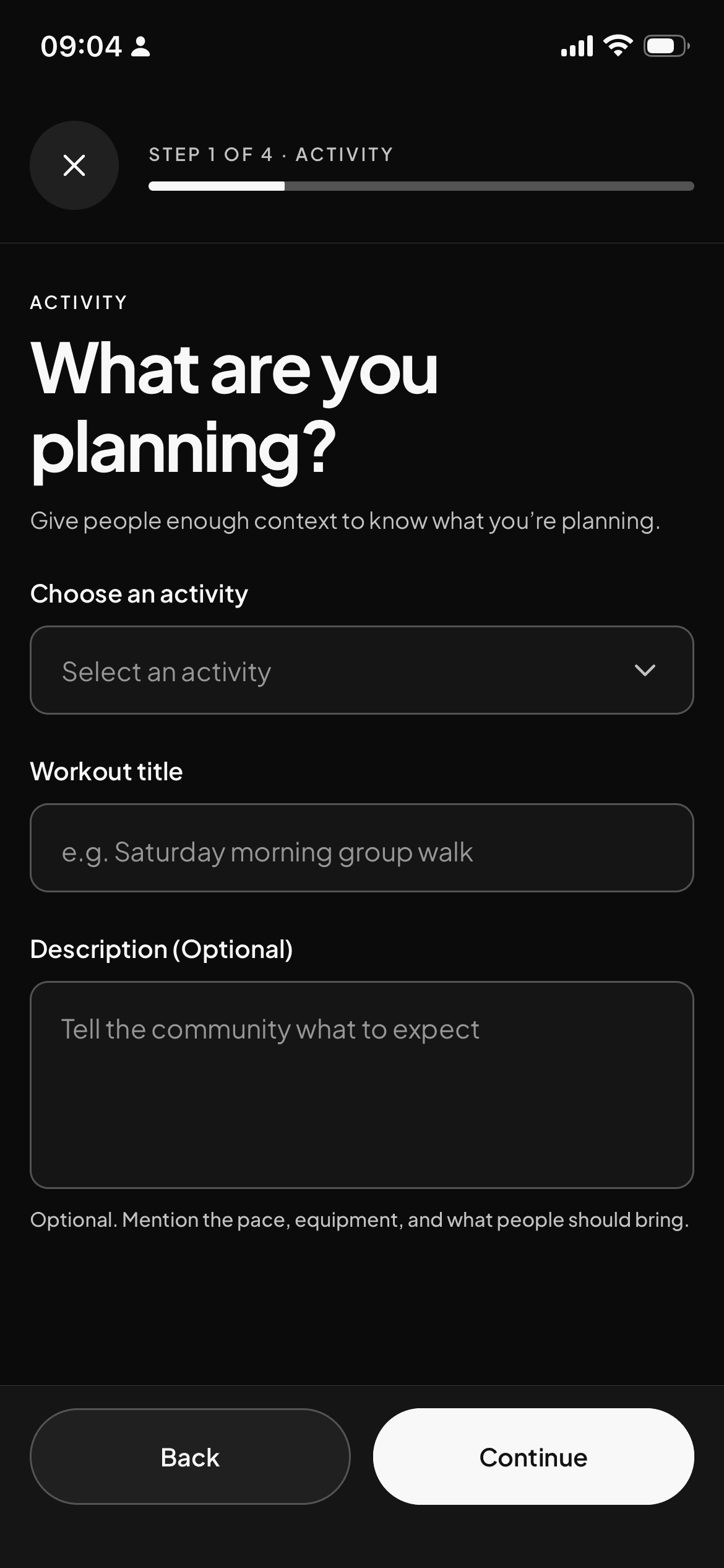 Actual COEXR creation screen with activity and session details