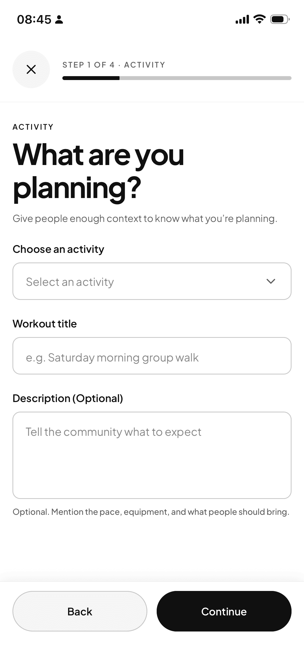 Actual COEXR creation screen with activity and session details