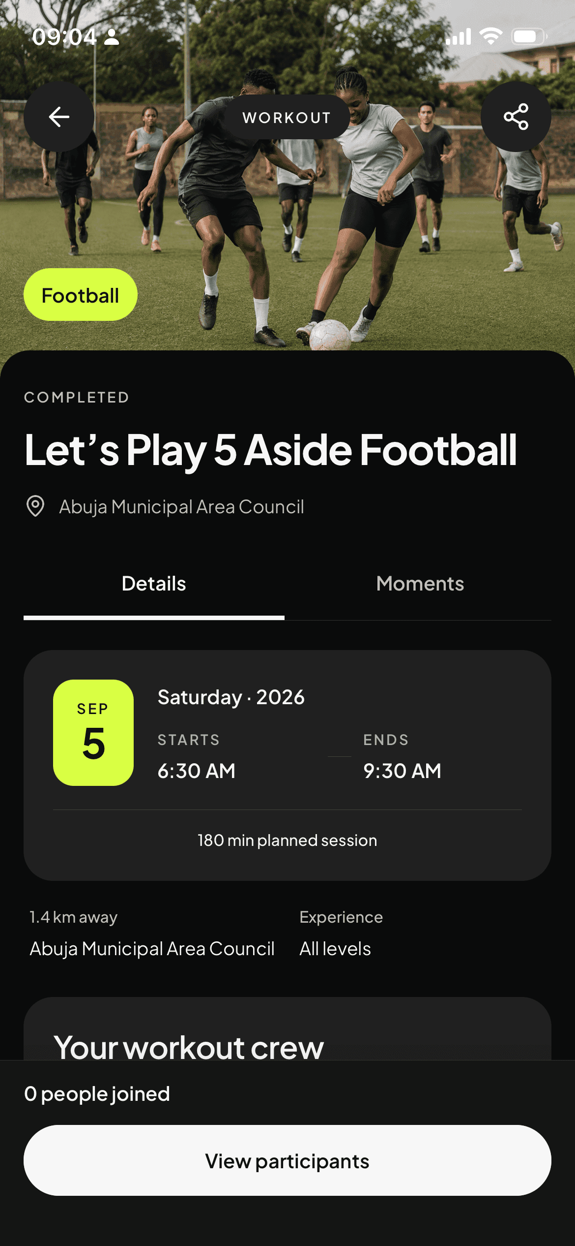 COEXR workout details with session time, participants, and a join action