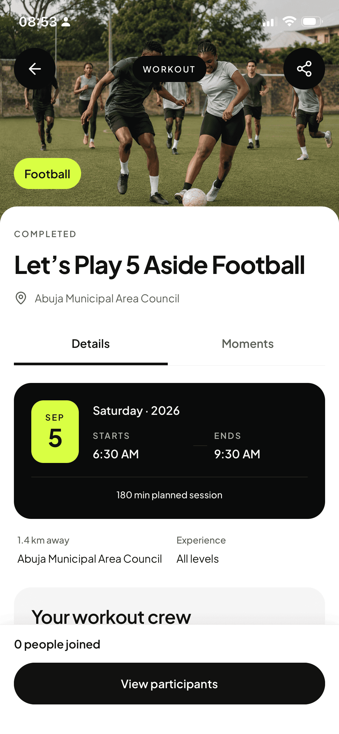 COEXR workout details with session time, participants, and a join action