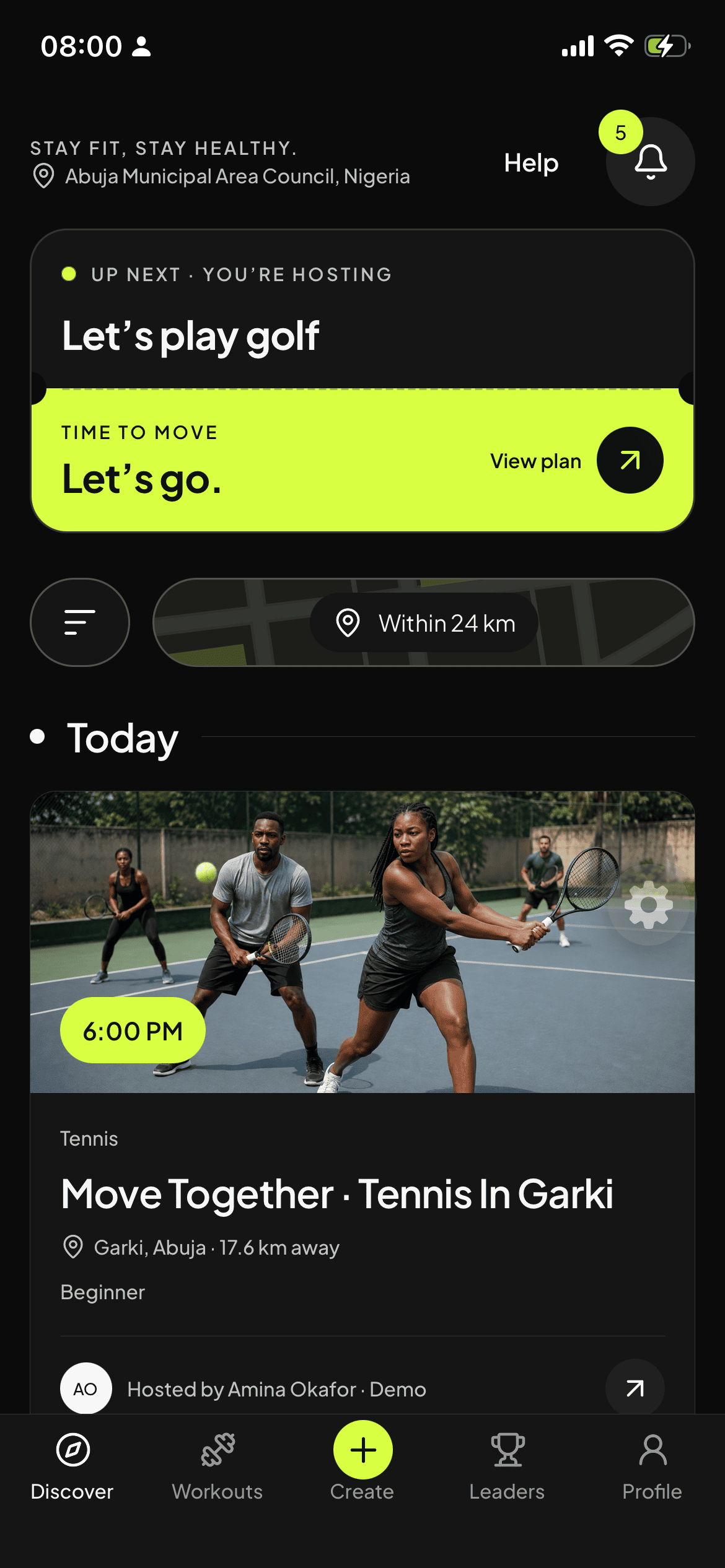 COEXR Discover screen showing nearby workout sessions