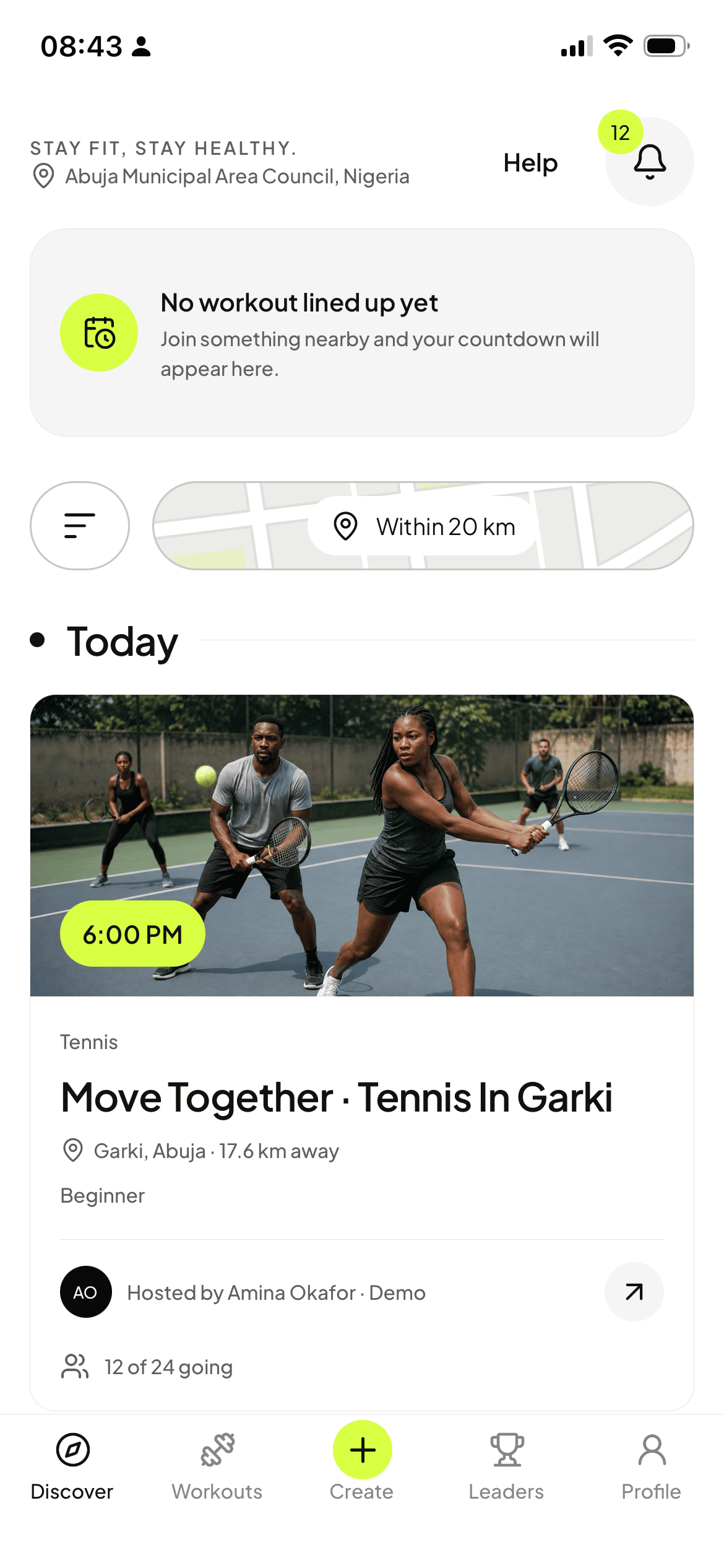 COEXR Discover screen showing nearby workout sessions