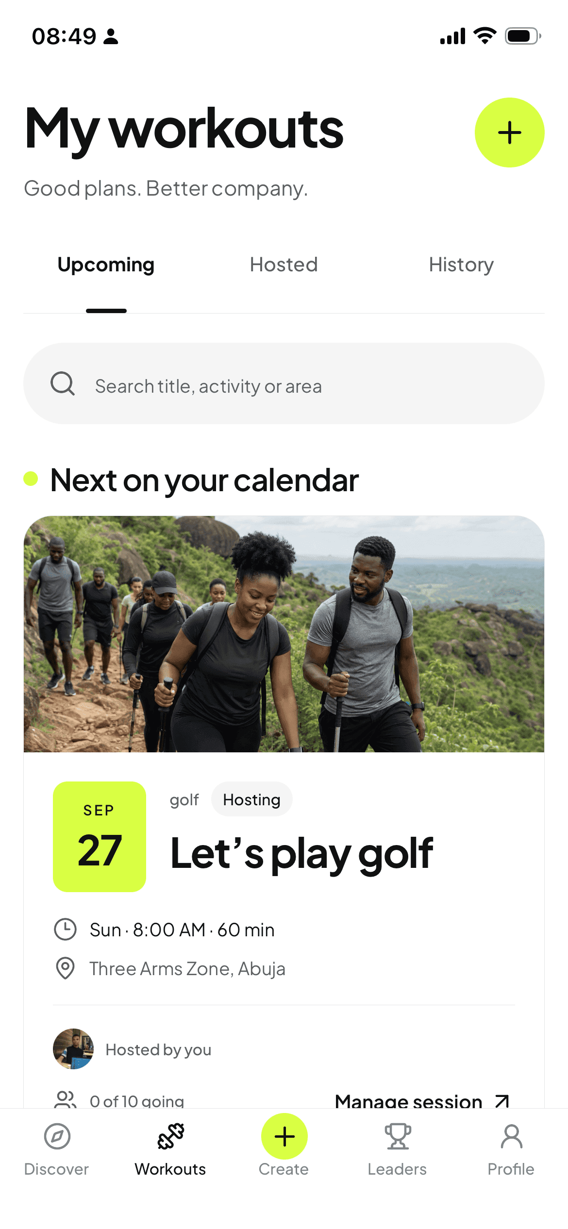 COEXR My Workouts screen with an upcoming joined session